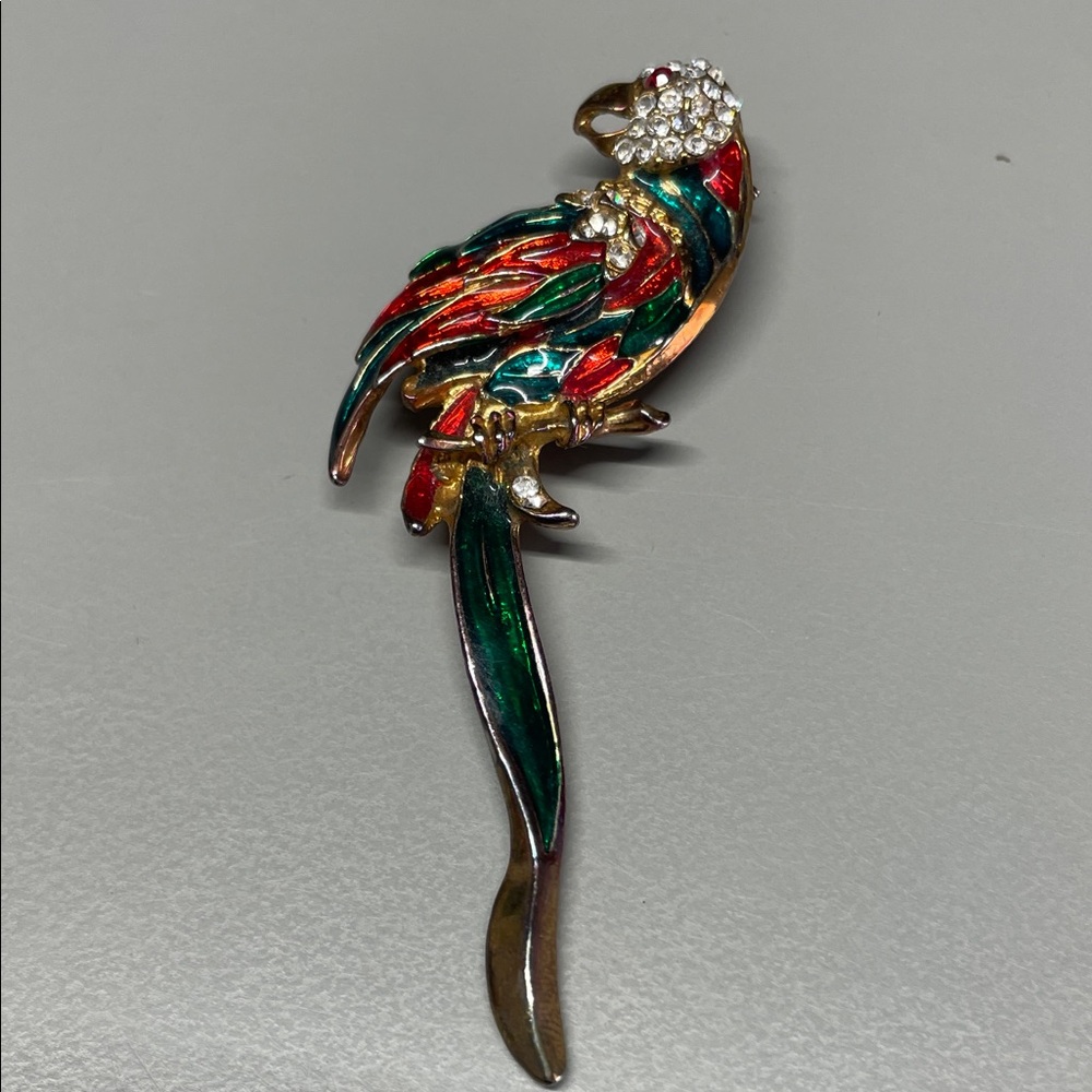 Vintage Rhinestone Enamel Gold Tone Parrot Brooch Pin